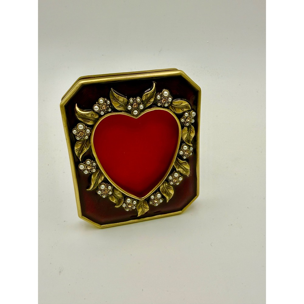 Jay Strongwater Heart Miniature Frame Burgundy Enamel Pearl Crystal Gold Tone